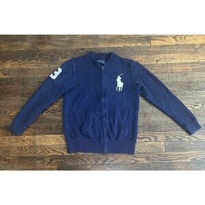 Polo Ralph Lauren Full Zip Sweater White Big Pony Boys L 14-16 Navy